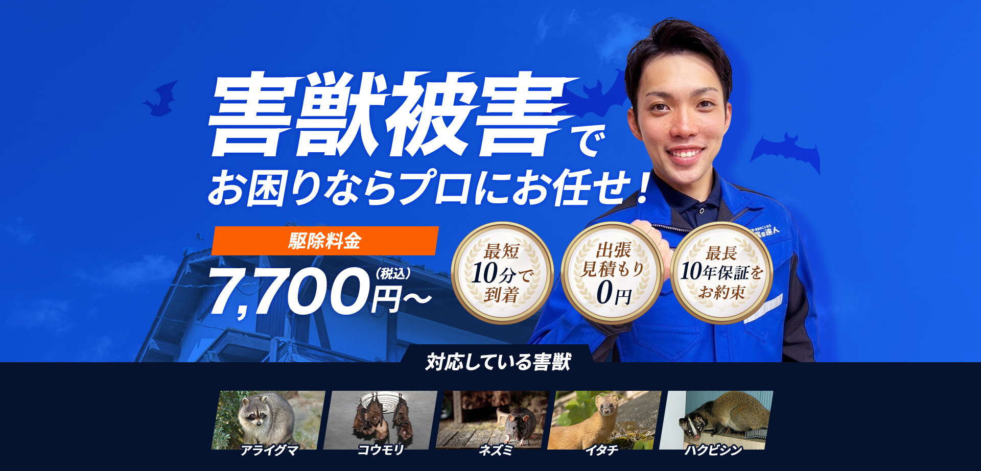 広島県・島根県・山口県・岡山県の方へ 害獣被害でお困りならプロにお任せ！ 駆除料金7,700円～（税込） 【対応している害獣】ネズミ・イタチ・ハクビシン・タヌキ・アナグマ・アライグマ・コウモリ・テン