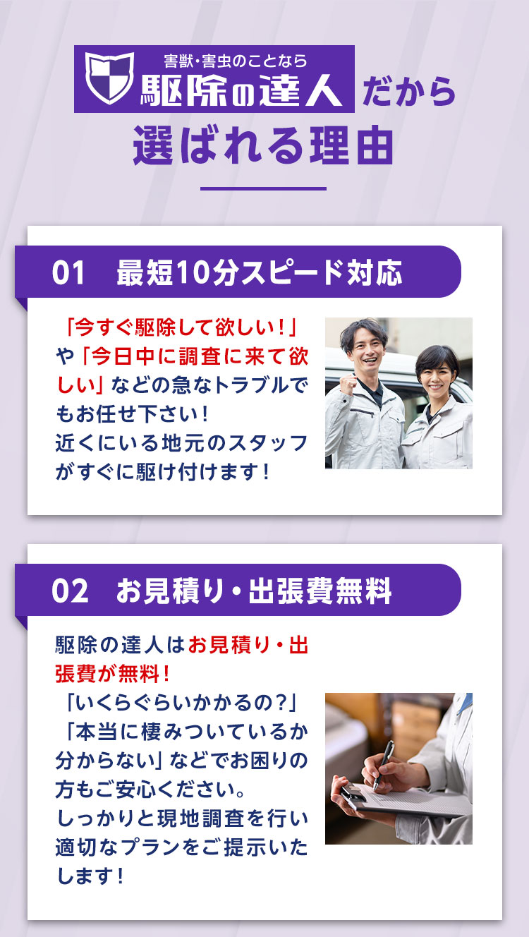 駆除の達人だから選ばれる理由01.最短１０分スピード対応　02.お見積り・出張費無料