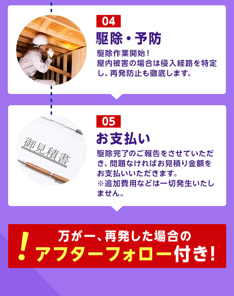 04.駆除・予防05.お支払い　万が一、再発した場合のアフターフォロー付き！