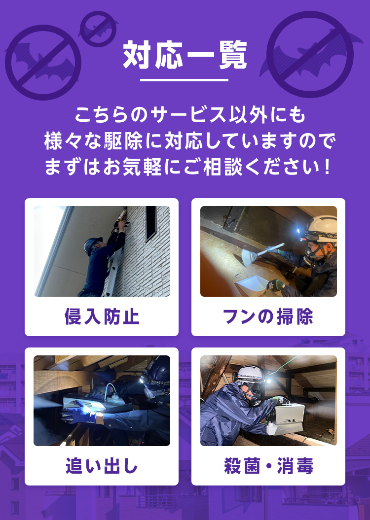 対応一覧 こちらのサービス以外にも様々な駆除に対応していますのでまずはお気軽にご相談ください！侵入防止・フンの掃除・追い出し・殺菌消毒