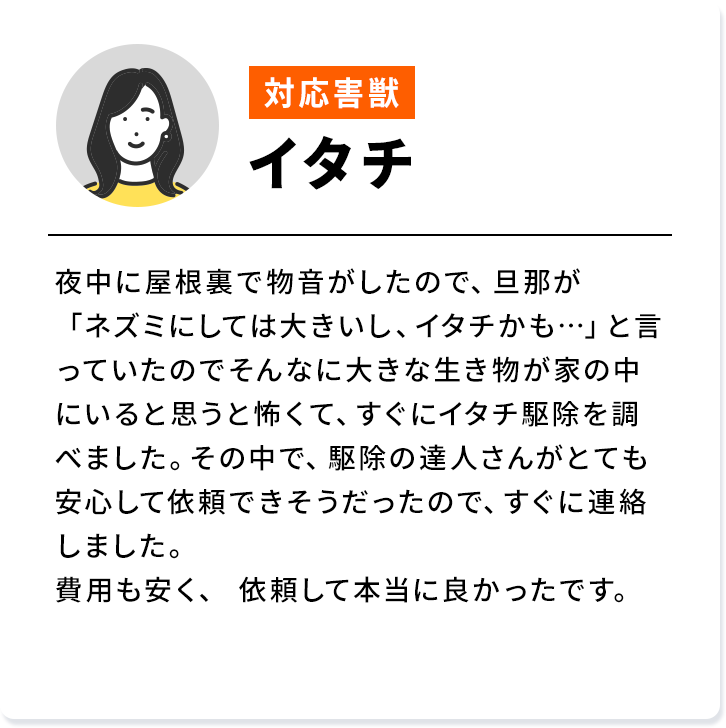 対応害獣：イタチ 夜中に屋根裏で物音がしたので、旦那が「ネズミにしては大きいし、イタチかも...」と言っていたのでそんなに大きな生き物が家の中にいると思うと怖くて、すぐにイタチ駆除を調べました。その中で、駆除の達人さんがとても安心して依頼できそうだったので、すぐに連絡しました。費用も安く、依頼して本当に良かったです。