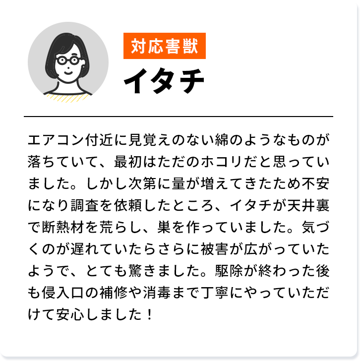 対応害獣：ネズミ 最近、子供の喘息がひどくなっている気がして心配になって調べたところ害獣が原因となって引きおこるケースがあるとのことで、まさかと思いましたが念のため調べておこうと連絡しました。調べてもらったところネズミが家に棲みついていてそれが原因となっている可能性があったのですぐに駆除と殺菌を依頼しました。見積もりも安心で、そのあと喘息は落ち着いたので依頼して本当に良かったです。