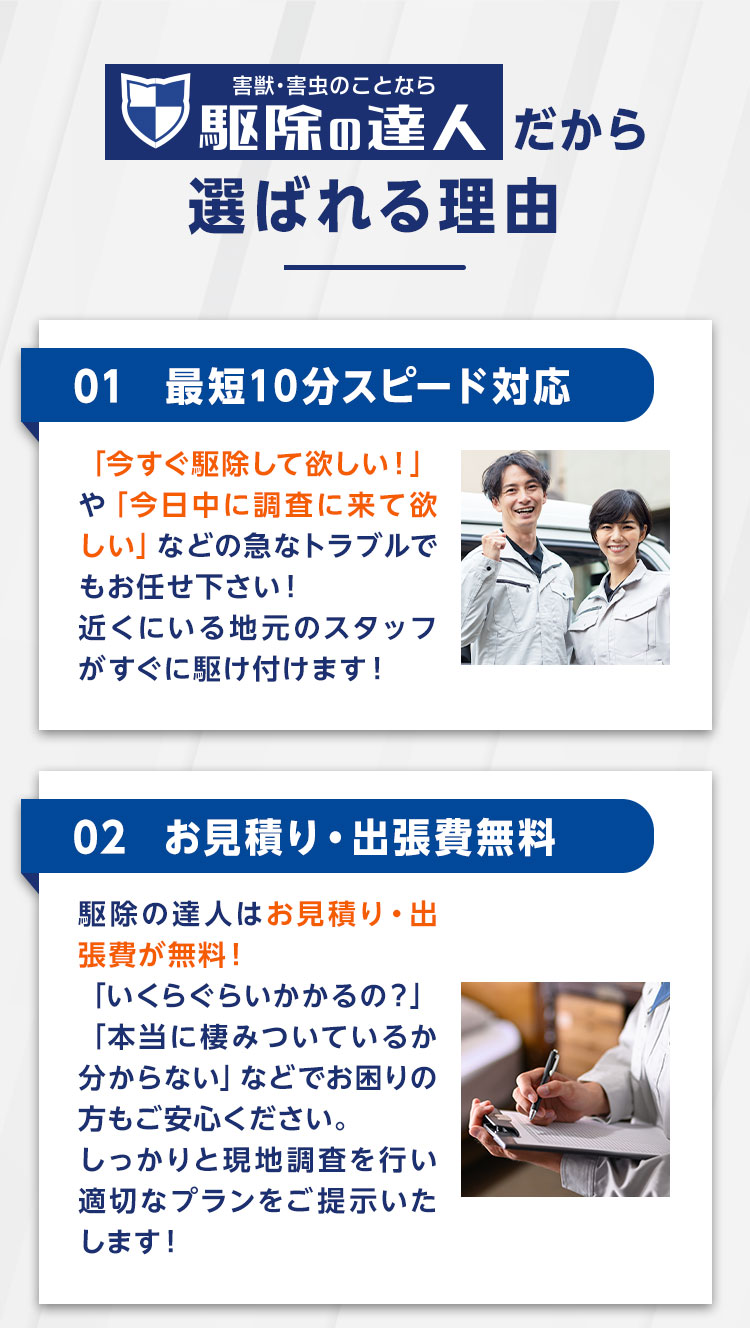 駆除の達人だから選ばれる理由01.最短１０分スピード対応　02.お見積り・出張費無料