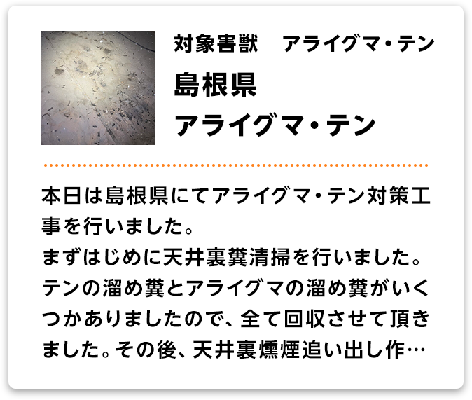 対象害獣：テン・ネズミ・コウモリ　広島県/テン・ネズミ・コウモリ　本日は広島県にてテン・ネズミ・コウモリ対策工事を行いました。まずはじめに1階2階の天井裏糞清掃と断熱材撤去作業を行いました。本日は山口県下松市にてテン・ネズミ・コウモリ対策工事を行いました。まずはじめに1階2階の天井裏糞清掃と断熱材撤去作業を行いました。･･･