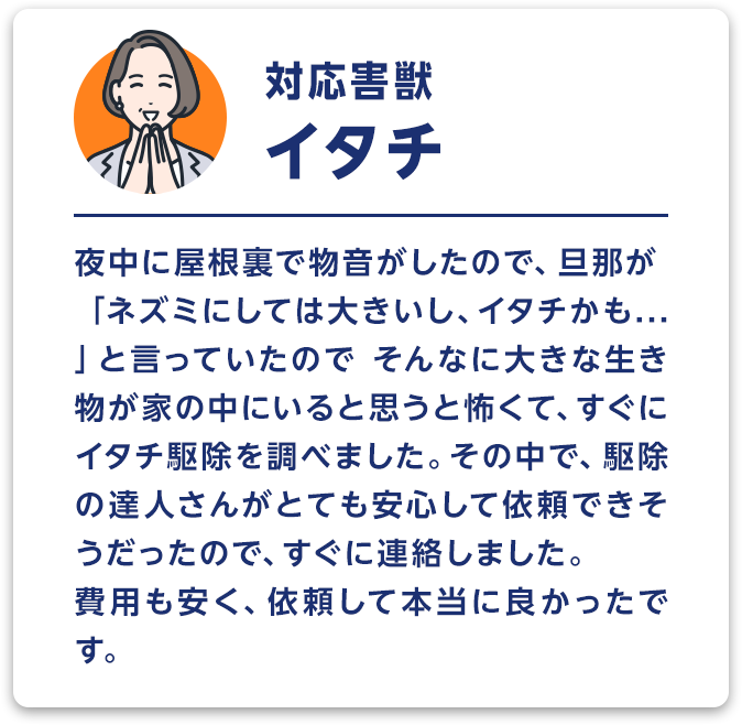 対応害獣：イタチ　夜中に屋根裏で物音がしたので、旦那が「ネズミにしては大きいし、イタチかも...」と言っていたのでそんなに大きな生き物が家の中にいると思うと怖くて、すぐにイタチ駆除を調べました。その中で、駆除の達人さんがとても安心して依頼できそうだったので、すぐに連絡しました。費用も安く、依頼して本当に良かったです。